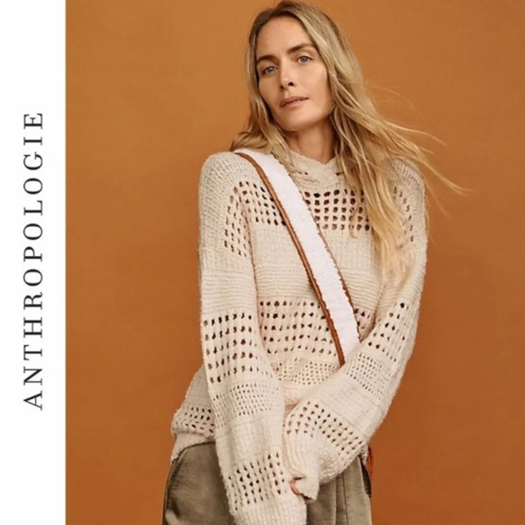 Anthropologie Wool Alpaca Oversized Pointelle Knit Hooded Sweater Balloon Sleeve - Picture 1 of 8